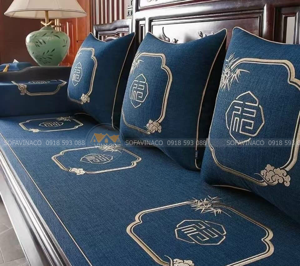 Đệm ghế thêu họa tiết Phúc Lộc Thọ cho ghế gỗ giả cổ, đồng kỵ