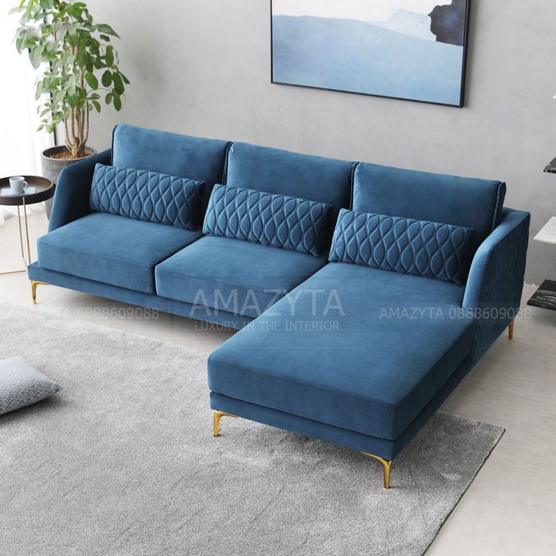 Mẫu ghế sofa góc với chất liệu vải nhung mềm mại mang đến cho không gian tiện nghi