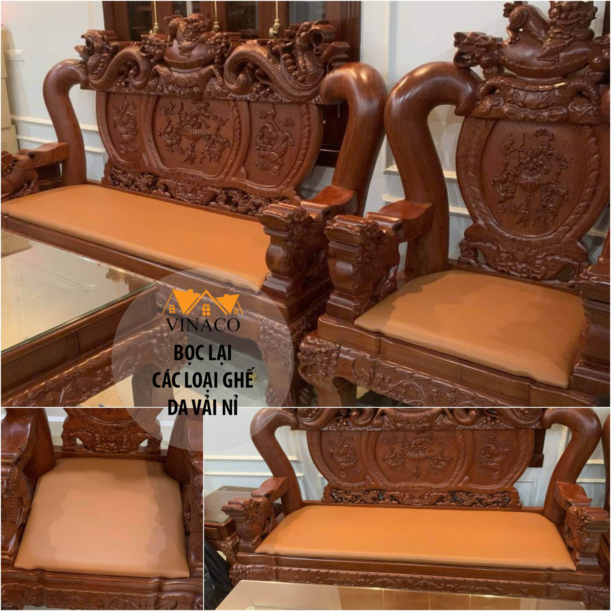 Đệm ghế gỗ bọc da cao cấp giao tận nhà khách hàng tại Cầu Giấy